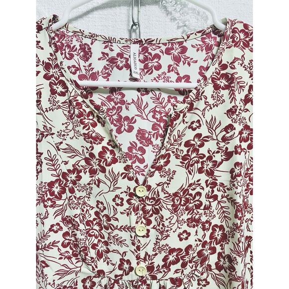 Aligaduo Summer Women’s V-neck Tunic Shirt White Red Floral 2XL - Picture 2 of 4